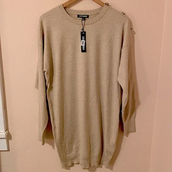 Steve Madden Button Shoulder long sleeve sweater dress oatmeal tan L NWT - Picture 5 of 13